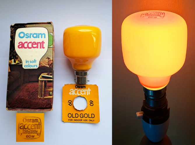 Osram Accent 60w decorative lamp - "Old Gold"
A lovely example of an iconic decorative lamp straight out of the early 1970s. Osram - GEC's "Accent" range were offered in three colours: Old Gold (yellow), Tangerine (red) and Rose Pink (pink) as well as in a much more common opal white version. Whilst I have examples of all three in my collection already, this is the first (coloured version) I have managed to track down that still has its original packaging.
