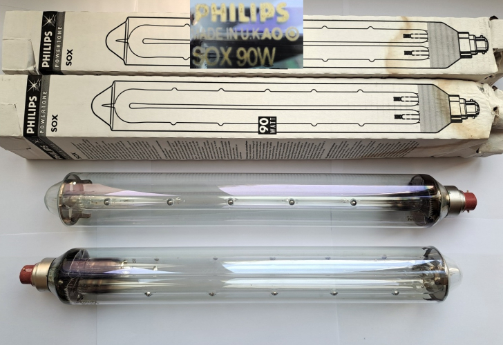 Philips new old stock 90w SOX lamps
These were quite possibly the cheapest SOX lamps I have ever seen for sale, which were listed on Ebay for only 3 pounds each... Annoyingly the seller also had some lovely old Osram 90 watters and some 135w GE lamps for equally ludicrous prices, but they sold out in a matter of minutes, and I wasn't able to get any!
