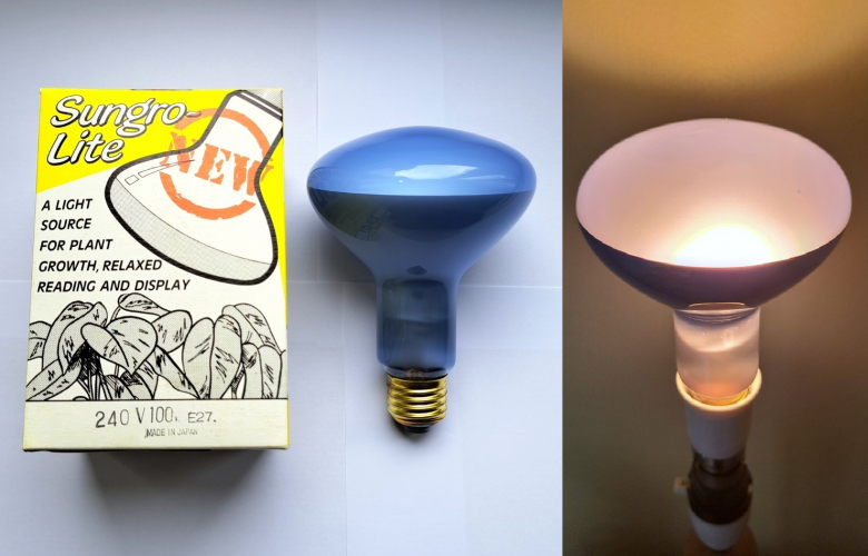 Nulite/Sungro-Lite 100w relflector lamp
A rather nice lamp I came across recently whilst browsing through Ebay. This lamp was made in Japan, perhaps by Eye/Iwasaki? The fact it has Neodymium glass means it gives off a rather pleasing light.
