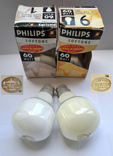 Philips Softone 10-hour Free Trial lamps
These lamps are perhaps the rarest variants of the Philips Softone you could possibly encounter... I've only got one other in my collection (a white example, identical to the left lamp shown here) and they all have date codes that correspond to 1998... So they were perhaps only ever manufactured for one year. They were presumably given out for free in stores to try and entice the general public to buy "proper" Softone lamps.
