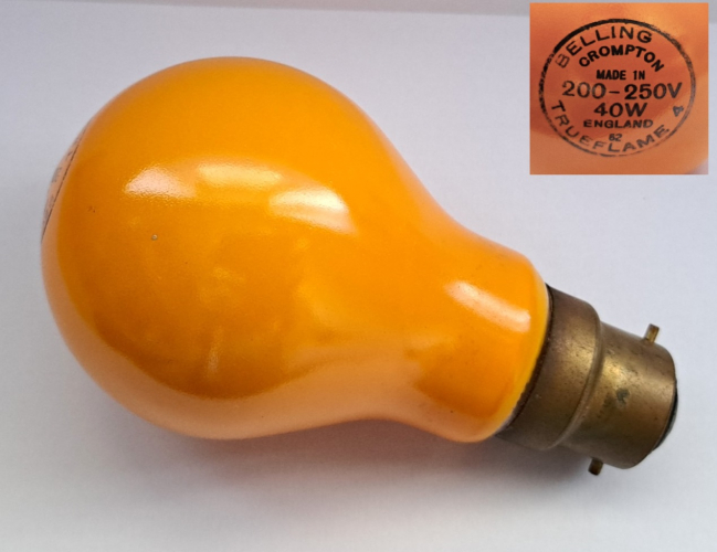Crompton "Trueflame A" 40w amber GLS lamp (with Belling branding)
Pilfered out of an old Belling heater (a "Champion" 91A model) I am currently repairing/restoring in readiness for use this winter. This appears to be the heater's original lamp; I wasn't aware Crompton ever went as far as specifically branding lamps for Belling. Unfortunately, as one might expect, it has probably long-since reached EOL. I'd be interested to know what the "Trueflame B" looked like. Presumably it was just a standard lacquered Fireglow lamp.
