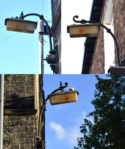 GEC Z9533 lanterns... Running SON lamps!
Here is a very unusual installation located down George Street in York. Located down this road are two GEC Z9533 lanterns which, unusually, have been converted to run SON lamps at some stage in their lives! The conveniently-scorched bowls are a giveaway...
