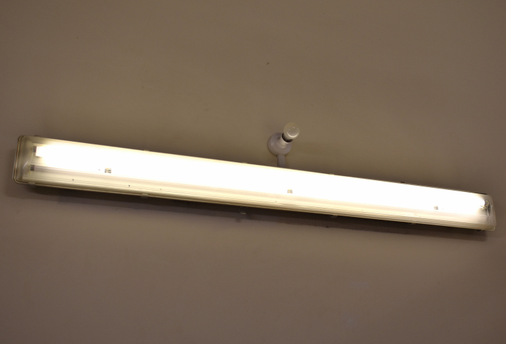 An odd combo: Fluorescent battens and GLS lamps
Spotted in the stairwell of a department store in the central York. Every fluorescent batten had a GLS lamp postitioned immediately above it, which I can only assume is the remains of an old disused (or active, who knows?) emergency lighting system. In that case, the GLS lamps are probably 25v-50v rated.
