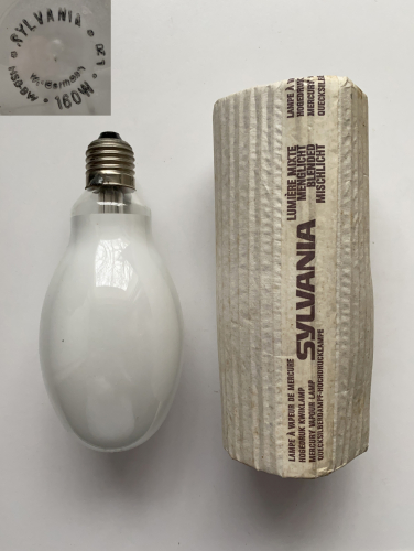 SYLVANIA HSB BW 160W
This SYLVANIA HSB BW 160W lamp was delivered in very simple packaging.

The design of the packaging, the adhesive strip and the inscription on the lamp reading ‘W. Germany’ suggest that this lamp was manufactured by OSRAM in West Berlin for SYLVANIA.

There is a marking on the lamp, “L 20”, which is presumably a date code. However, I do not know what it means.
