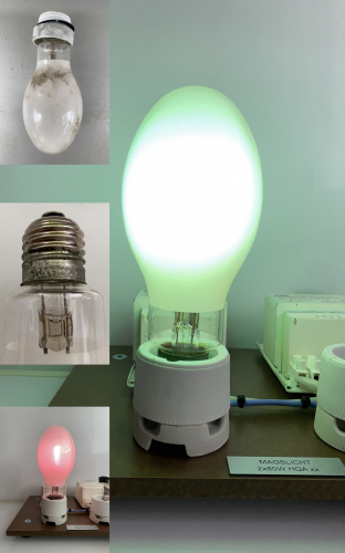 NARVA HQLG 80 W
I found this used NARVA HQLG 80W lamp, manufactured in the fourth quarter of 1969, in an old post-top fixture. The lamp is used and ignites without any problems. The phosphor is a fluorine germanate phosphor, which was first introduced by NARVA in 1969 and was discontinued at the end of 1974.
