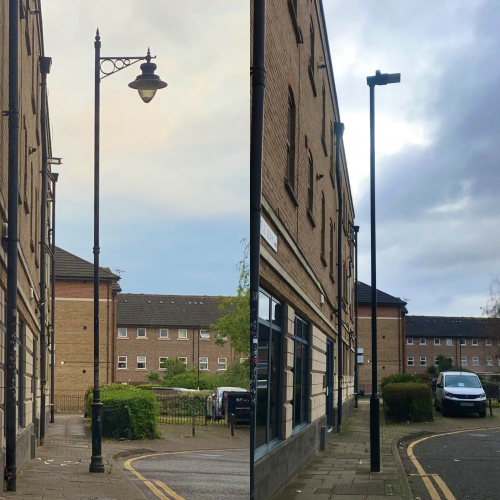 Before and After…
The photograph on the left is from July 2023, showing the original installation in situ; a DW Windsor Strand on a heritage column with a top-entry bracket. Fast forward about 5 months later, an Urbis Axia 3 on a 6m tubular column now resides, as shown on the right.
