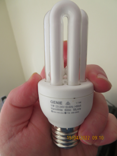 Philips Genie 11W warm white CFL in my father home
[url=https://postimg.cc/MMn2YLsW][img]https://i.postimg.cc/MMn2YLsW/IMG-3897.jpg[/img][/url][url=https://postimg.cc/D4G99XkH][img]https://i.postimg.cc/D4G99XkH/IMG-3898.jpg[/img][/url]
I don't know if my father still have one today.
