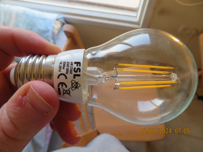 My FSL 4W A55 2700K LED filament lamp
[img]https://i.postimg.cc/GpFMk59f/IMG-8025.jpg[/img]
I using this lamp in my spotlight instead of my 40W incandescent lamps at hot weather.
