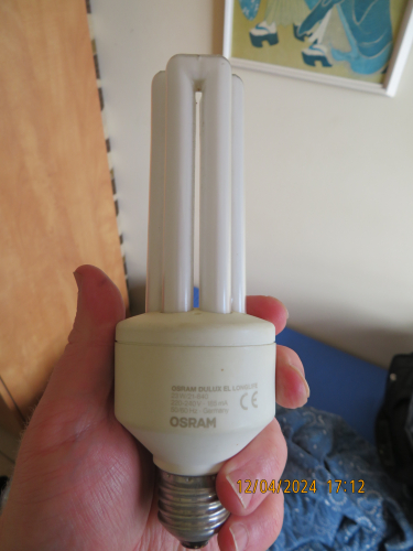 One of my two Osram Dulux EL Longlife 23W/21-840
[img]https://i.postimg.cc/8kt0K9wQ/IMG-8021.jpg[/img]
I using it at my room at my father home, instead of the 160W MBTF, when the weather is hotter.
I don't know what is the manufacturing year of the two, but each one costed 100ILS.
