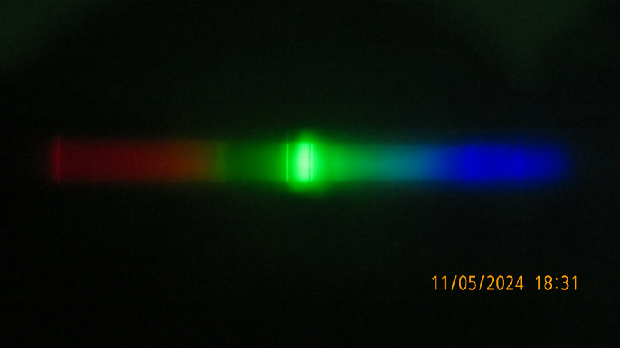The spectrum of my 70W R7s green thallium lamp
[url=https://postimg.cc/jCNdw55S][img]https://i.postimg.cc/jCNdw55S/IMG-8251.jpg[/img][/url]
Generally, the thallium line is only very slightly wider than my former Venture MH-DE 70W/UVS/GDX lamp, and the continuous molecular radiation seems also to only very slightly brighter, but the overall colour of this lamp, seems to much whiter than my Venture MH-DE 70W/UVS/GDX lamp
Here is a picture of the spectrum of my Venture MH-DE 70W/UVS/GDX lamp for comparision:
[url=https://postimg.cc/sv4jmN5F][img]https://i.postimg.cc/sv4jmN5F/IMG-4387.jpg[/img][/url]
