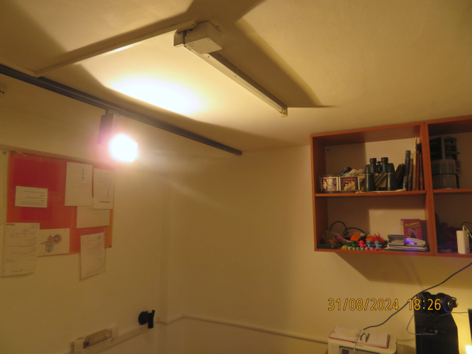 My Osram Powerball HCI-TS 70W/830 WDL lamp up and running
The lamp produces very strong 3000K colour.
Unlike most warm white rare-earths quartz MH lamps, this lamp passes the thallium green colour during run-up.
