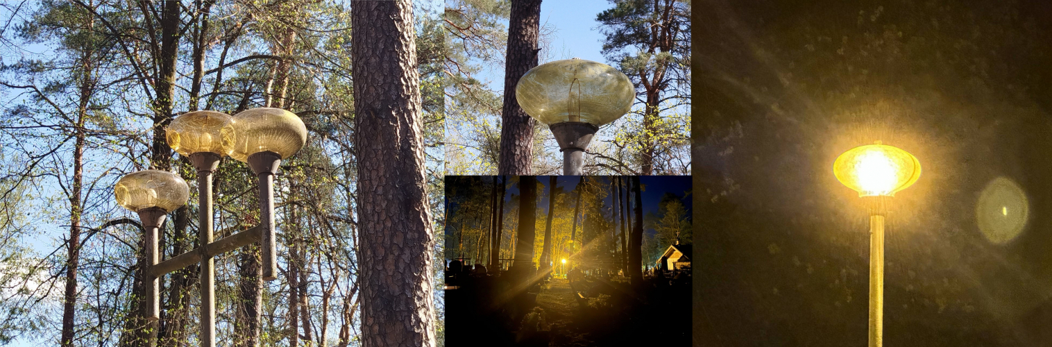 Authentic Lithuanian made glass lantern shades still in use after 60 years
Lore: in the late 1960s the very first version of the RTU series lanterns in USSR was released - it featured three types of lanterns, one was called RTU-02 which was a big proud standing milky glass shade with large overhanging metal roof dish and it had a 250w mercury vapor lamp by design, then there was RTU-01 which was a small teetotum shaped lantern with a conical shade and conical roof dish and it had 125w mercury vapor lamp by design and its iconic name was "ogoniok" which translated from Russian would mean "little flame", and the last was RTU-06 which was a large porcelain glass bubble and it used 125w mercury vapor lamp by design, and each three types I have in my collection.

When these lanterns were released to manufacture they spread like wild fire across all of USSR and especially the RTU-01 "ogoniok" was probably the most popular pedestrian roads and park lighting lantern of them all, and in Lithuania you can still find them in some abandoned territories.

In this picture what I have photographed, is a hybrid fixture, that employs a RTU-01 base and the ballast/lamp housing, yet the glass shade is not at all what it would have looked like from the factory. What you can see here is a authentic Lithuanian designed and hand blown glass shade that was designed to be used in fancy big city parks and alleys and whatnot and it was designed to fit right onto the RTU-01 base and be very distinguishable from the ordinary ogoniok.

Since I was little, I was fascinated by these lanterns because I knew they were hand blown in Kaunas city grand glass factory of Lithuania and I always wanted to see them live but never could until last weekend when I traveled to visit one of Lithuania's grandest and most luxurious city called Druskininkai, and in the old cemetery I found several of these lanterns, still in use, retrofitted with 70w HPS lamps inside to save power and be brighter.

When I saw these during the day I was absolutely stunned to finally being able to see these extraordinary lanterns live and I was so amazed I just stared at them for probably hours LOL. First time seeing them live, after 15+ years of marveling at them on internet pictures... I just wanted to climb up a tree and snag one of these shades for my collection LOL

But then evening came and I just couldn't resist myself so I went there one more time and I was absolutely stunned to see them actually working. Picture this: In a city center, where every street and every park is all LED you see these lanterns, installed probably in the 1960s, still in use to this day... I must admit that I even cried a little bit when I saw them powered up because it was so surreal you do not even imagine...

So admire these special lanterns, they have a special place in my memory.
