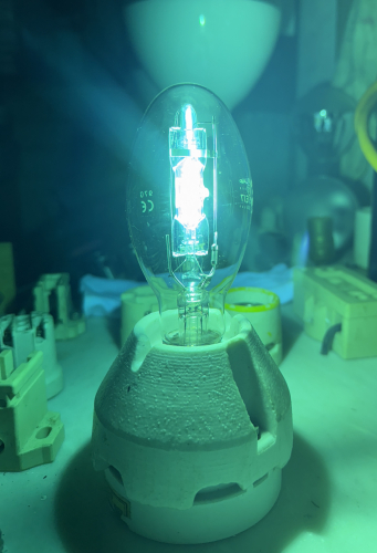 1997 EYE iwasaki H75 Mercury vapour lamp. 
This lamp seems to run satisfactorily on a 50W SON choke. 
