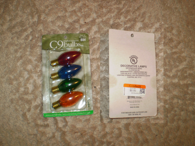 Holiday Time C9 replacement bulbs
My sister found this package of C9 replacement bulbs from our local Goodwill.  Unfortunately, she paid more than what it originally marked.
Keywords: Christmas Light Bulbs;C9;Transparent Colour