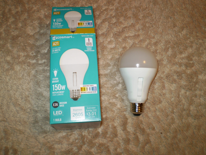 Ecosmart A21 25 Watts LEDs Bulb
Here I picked up at Home Depot at Hiram, GA, USA for replacement of my nightstand light fixture if one does burns/failed.

This is for the equivalent of 150 Watts light bulb.

This one set me back USD $9.98.

Voltage: 120 Volts, 60 Hz
Current: 190 mA
Lumens: 2605 Lumens
Life: 13.7 years (15,000 Hours)
CCT: 2700K/3000K/3500K/4000K/5000K/6500K
CRI: 80
Min starting temperature: -4*F (-20*C)
Location of Manufacture: China
Keywords: LEDs;A21;Multiple Color Temperature;Dimmable;Suitable for damp condition