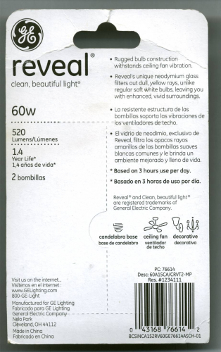 General Electric Reveal 60 Watts A15 E12 (Reverse)
My sister found this light bulb package from her work that they no longer using.
Keywords: General Electric;Reveal;60 Watts;A15;E12