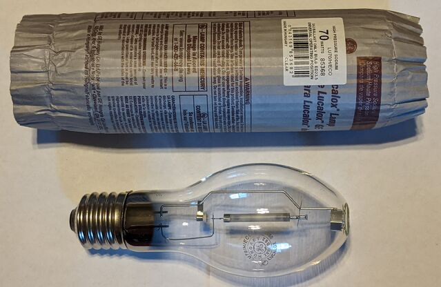 GE Lucalox 70W HPS
Included with my GE 201-SA NEMA head.
Keywords: High Pressure Sodium