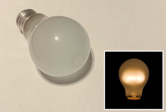 Sunbeam MightyBulb 60W Incandescent 
Sold at Dollar Tree stores between 2012-2015. These are 130V which is how they got around the bulb bans.
Keywords: GSL;Incandescent