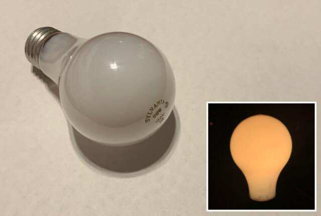 Sylvania Soft White 60W Incandescent 
From the Archives 

Very simple late-build USA Sylvania incandescent. I believe this is from the very early 2010s.
Keywords: Incandescent;GLS