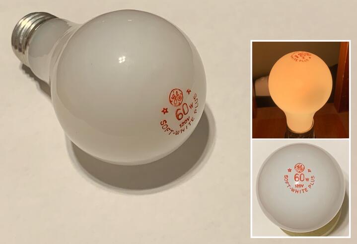 GE Soft White Plus 60W Incandescent 
Older eBay find.

A premium soft white offering, featuring a red etch commonly associated with the Miser series which came out after this. From the 1970s.
Keywords: Incandescent;GLS